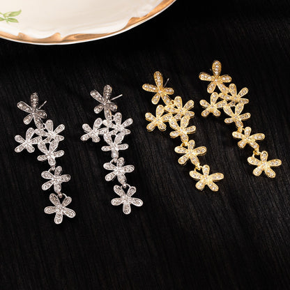 Snowflake Stud Earrings For Women In Zinc Alloy With Rhinestones, Electroplated Finish, 304 Stainless Steel Posts, Tassel
