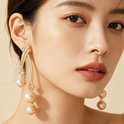 Unisex Tassel Lines Earrings In Copper With Real Gold Plated Electroplated Finish And Zircon Inlay