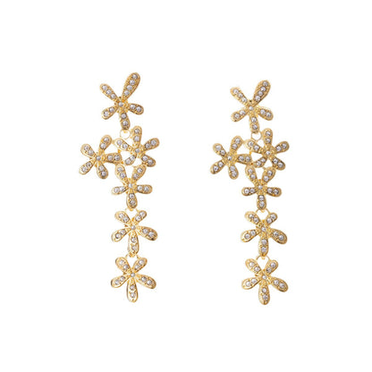 Snowflake Stud Earrings For Women In Zinc Alloy With Rhinestones, Electroplated Finish, 304 Stainless Steel Posts, Tassel