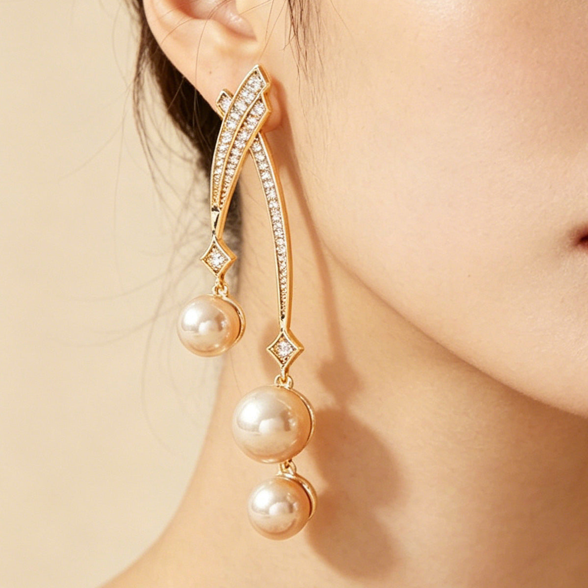 Unisex Tassel Lines Earrings In Copper With Real Gold Plated Electroplated Finish And Zircon Inlay