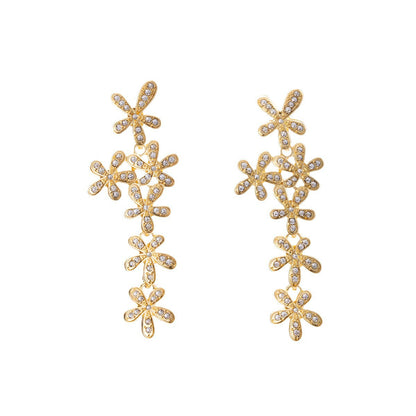 Snowflake Stud Earrings For Women In Zinc Alloy With Rhinestones, Electroplated Finish, 304 Stainless Steel Posts, Tassel