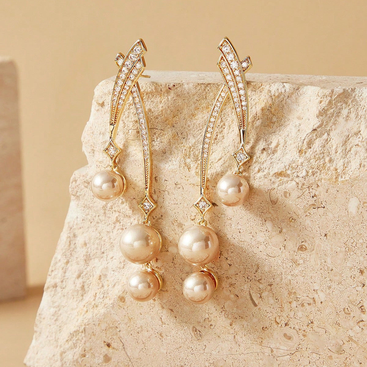 Unisex Tassel Lines Earrings In Copper With Real Gold Plated Electroplated Finish And Zircon Inlay