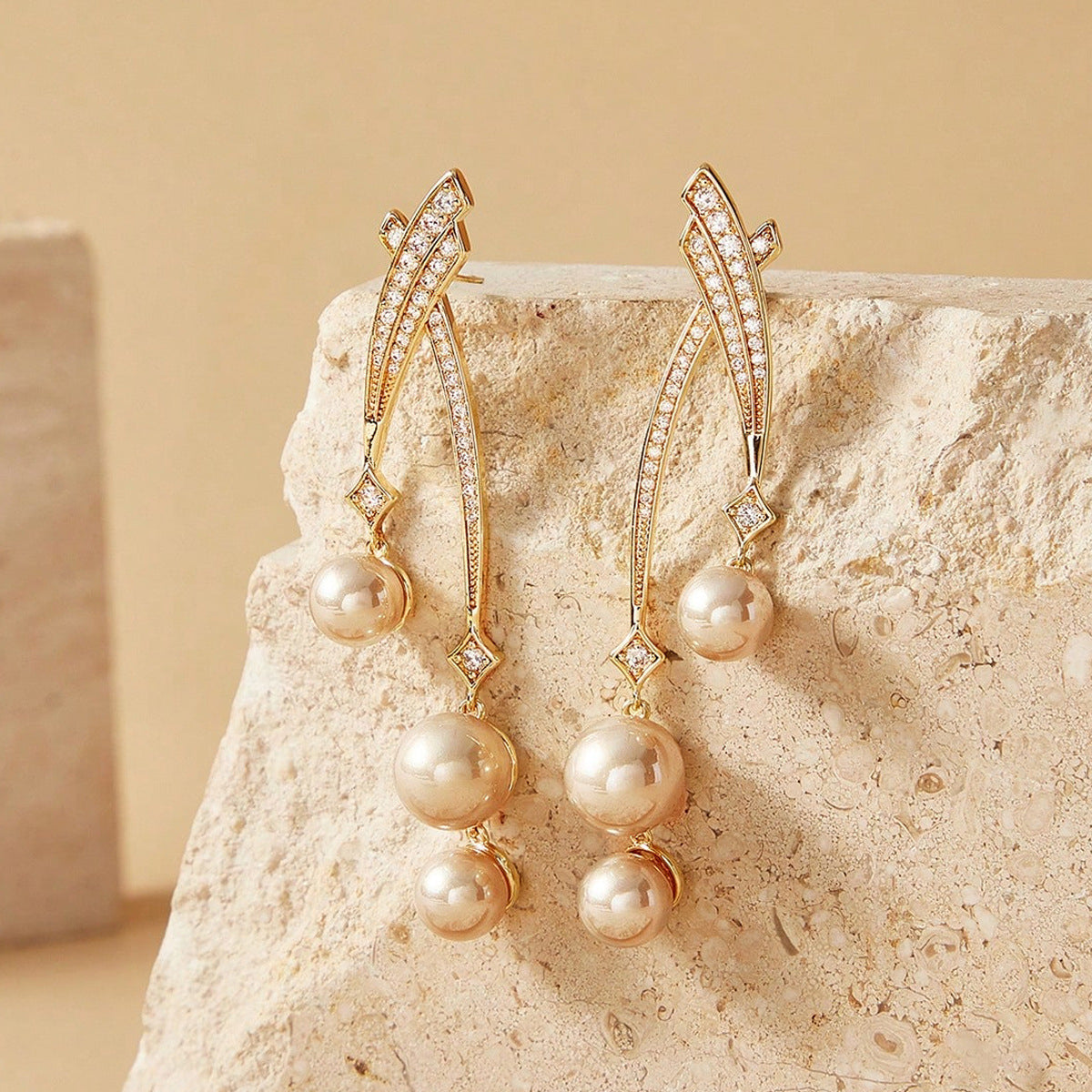 Unisex Tassel Lines Earrings In Copper With Real Gold Plated Electroplated Finish And Zircon Inlay