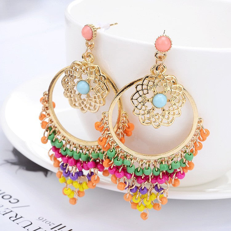 Huichol Tassel Earrings With Electroplated Alloy And Seed Bead Inlay, Featuring 304 Stainless Steel Ear Pins