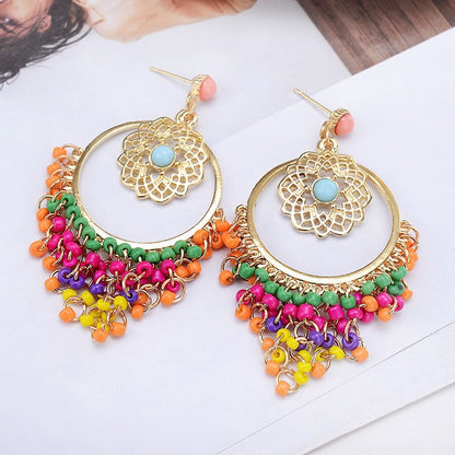 Huichol Tassel Earrings With Electroplated Alloy And Seed Bead Inlay, Featuring 304 Stainless Steel Ear Pins