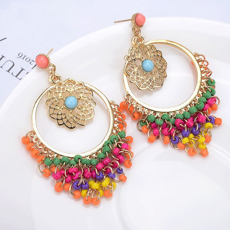 Huichol Tassel Earrings With Electroplated Alloy And Seed Bead Inlay, Featuring 304 Stainless Steel Ear Pins