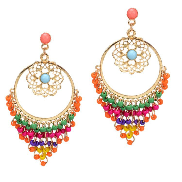 Huichol Tassel Earrings With Electroplated Alloy And Seed Bead Inlay, Featuring 304 Stainless Steel Ear Pins