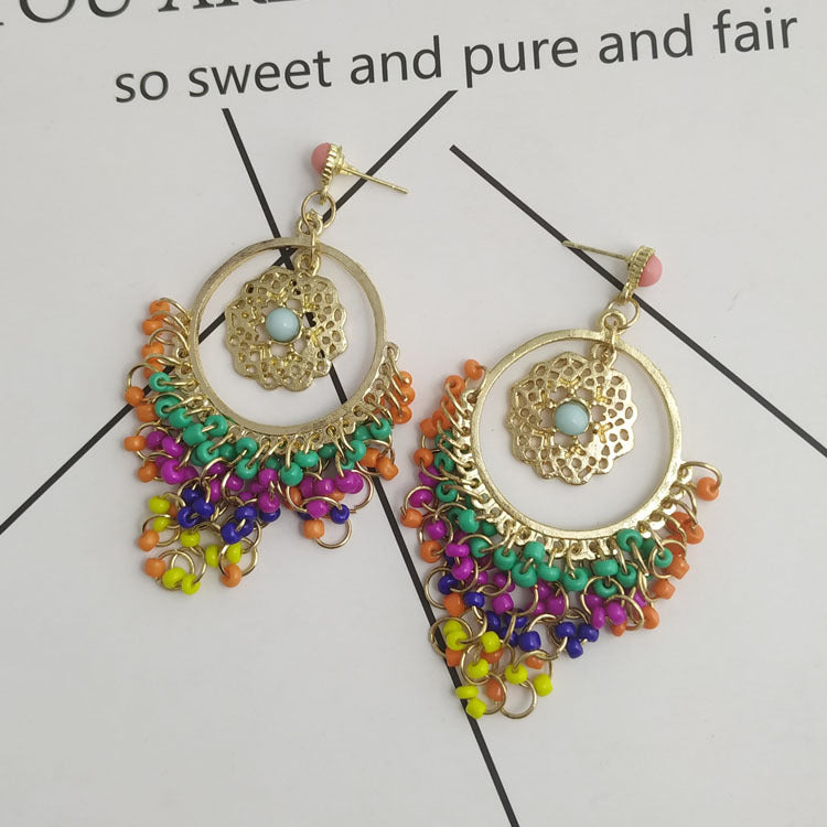 Huichol Tassel Earrings With Electroplated Alloy And Seed Bead Inlay, Featuring 304 Stainless Steel Ear Pins