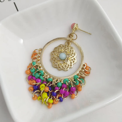 Huichol Tassel Earrings With Electroplated Alloy And Seed Bead Inlay, Featuring 304 Stainless Steel Ear Pins