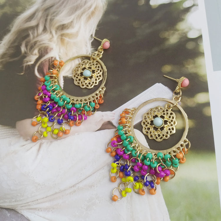 Huichol Tassel Earrings With Electroplated Alloy And Seed Bead Inlay, Featuring 304 Stainless Steel Ear Pins