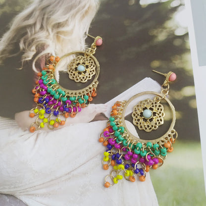 Huichol Tassel Earrings With Electroplated Alloy And Seed Bead Inlay, Featuring 304 Stainless Steel Ear Pins