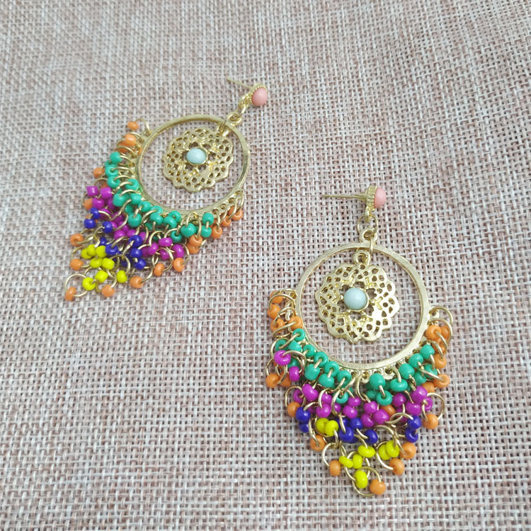 Huichol Tassel Earrings With Electroplated Alloy And Seed Bead Inlay, Featuring 304 Stainless Steel Ear Pins
