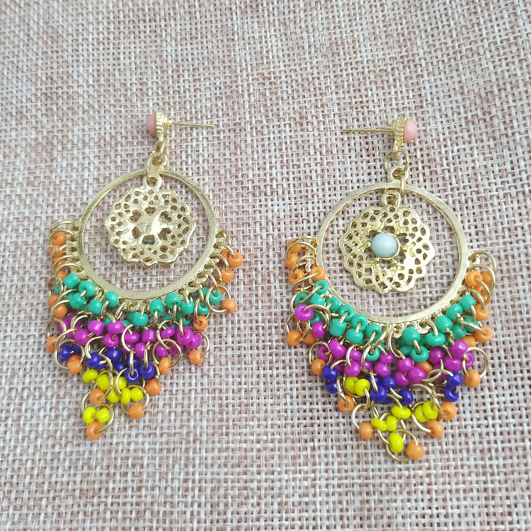 Huichol Tassel Earrings With Electroplated Alloy And Seed Bead Inlay, Featuring 304 Stainless Steel Ear Pins
