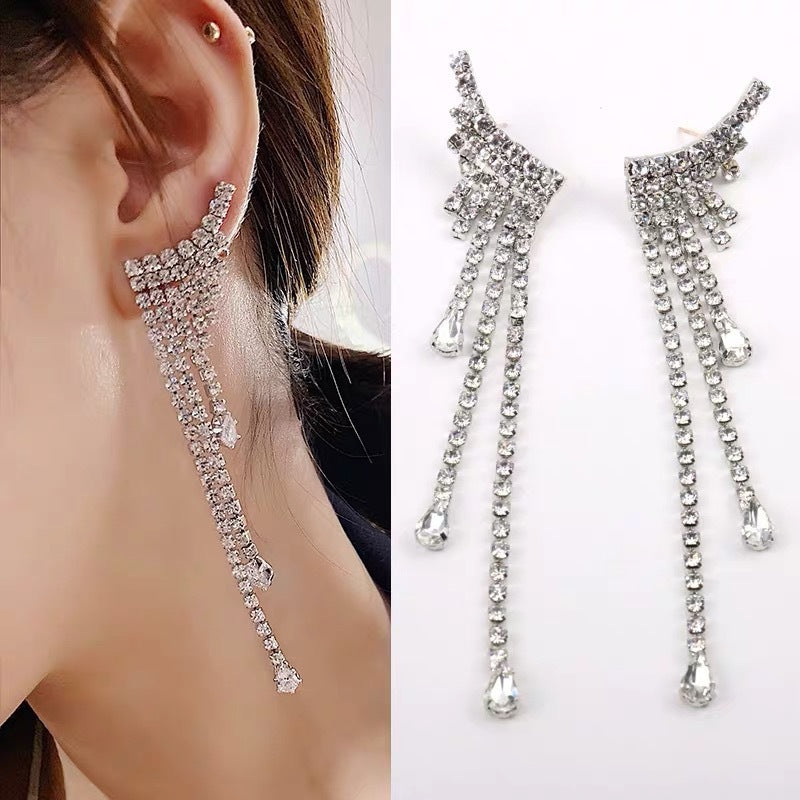 Silver Wings Tassel Earrings For Women In , Alloy With Rhinestone Inlay