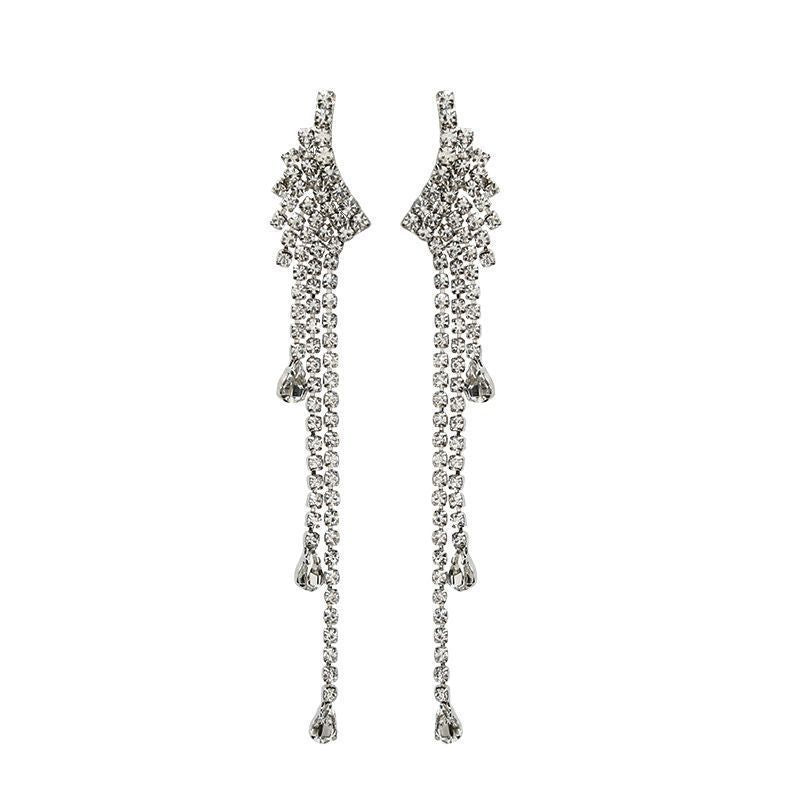 Silver Wings Tassel Earrings For Women In , Alloy With Rhinestone Inlay