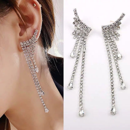 Silver Wings Tassel Earrings For Women In , Alloy With Rhinestone Inlay