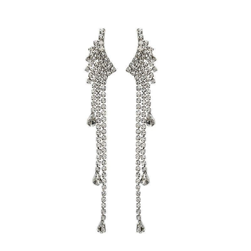 Silver Wings Tassel Earrings For Women In , Alloy With Rhinestone Inlay