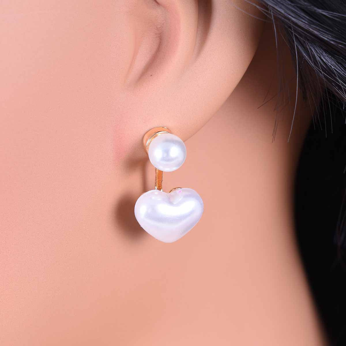 Heart Shape Simple Style Stud Earrings For Unisex, Alloy With Artificial Pearl, Electroplated And 304 Stainless Steel Posts