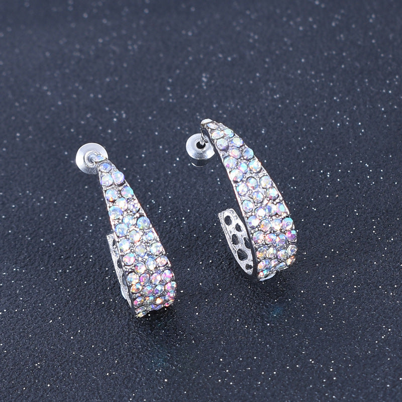 Sweet U Shape Stud Earrings For Unisex, Alloy With Rhinestones, Electroplated Finish, 304 Stainless Steel Ear Pins