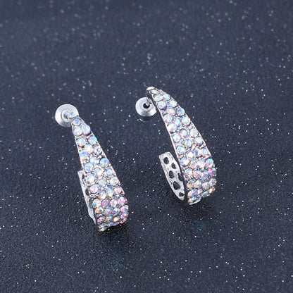 Sweet U Shape Stud Earrings For Unisex, Alloy With Rhinestones, Electroplated Finish, 304 Stainless Steel Ear Pins