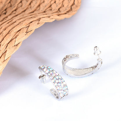 Sweet U Shape Stud Earrings For Unisex, Alloy With Rhinestones, Electroplated Finish, 304 Stainless Steel Ear Pins