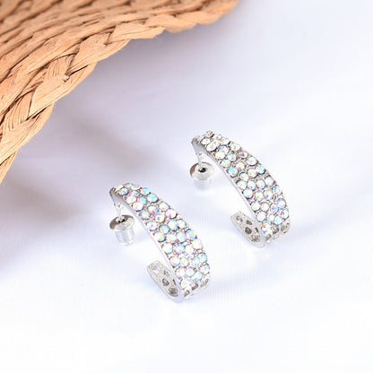 Sweet U Shape Stud Earrings For Unisex, Alloy With Rhinestones, Electroplated Finish, 304 Stainless Steel Ear Pins