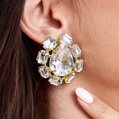 Sweet Water Droplets Clip Earrings For Unisex In Gold With Rhinestones, Made Of Zinc Alloy