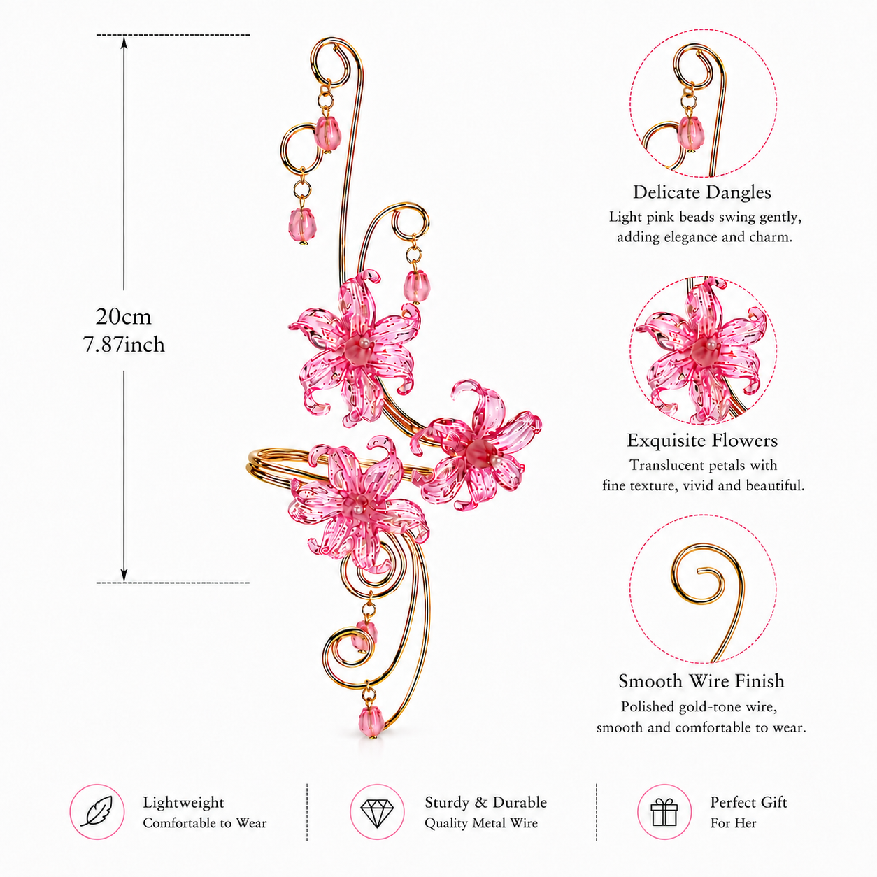 Handmade Bohemian Flowers Arm Bracelet For Women In Gold Iron With Acrylic Inlay