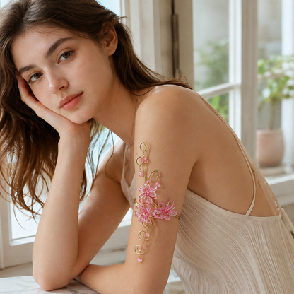 Handmade Bohemian Flowers Arm Bracelet For Women In Gold Iron With Acrylic Inlay
