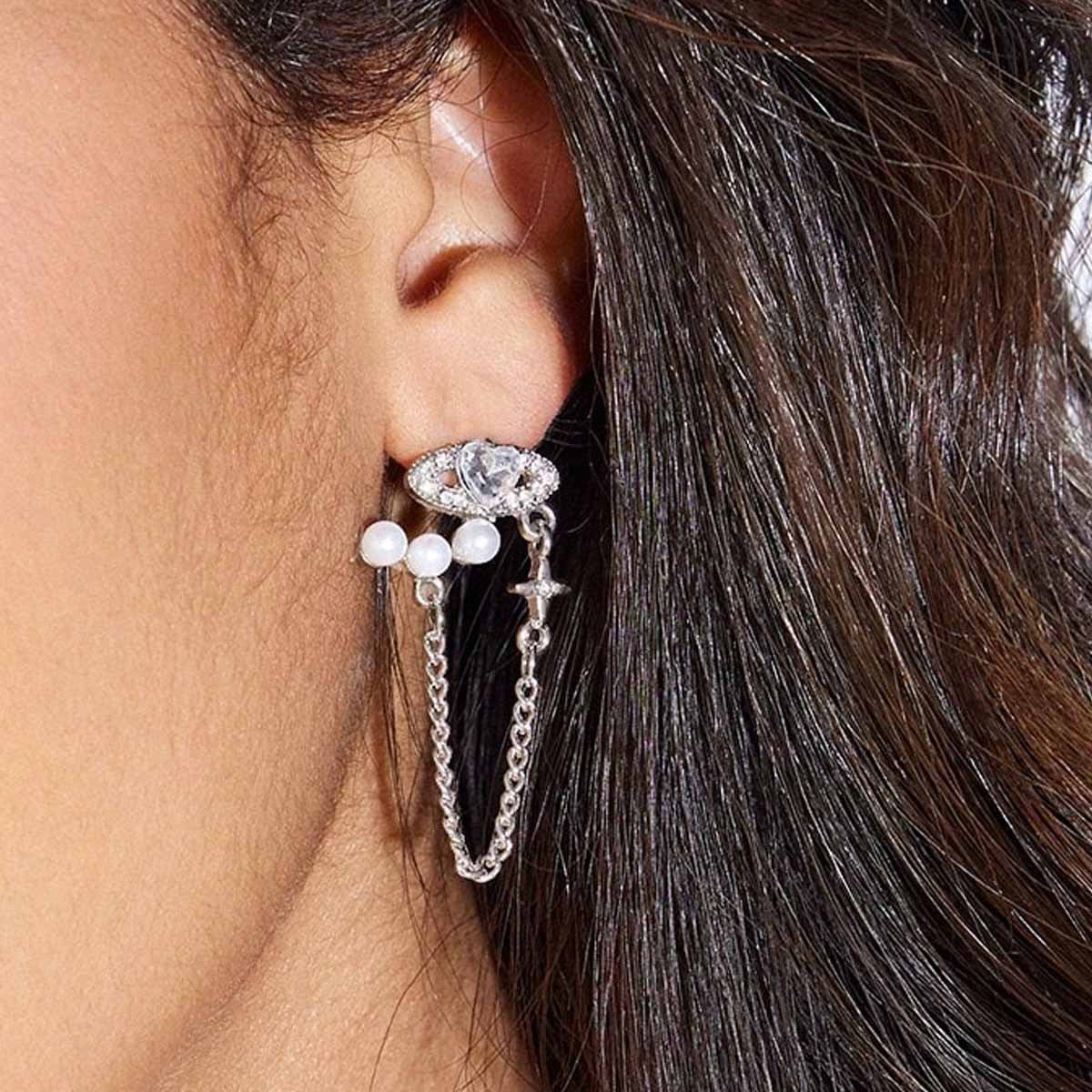 Sweet Silver Chain Stud Earrings For Unisex Featuring Artificial Pearl Inlay Made Of Zinc Alloy