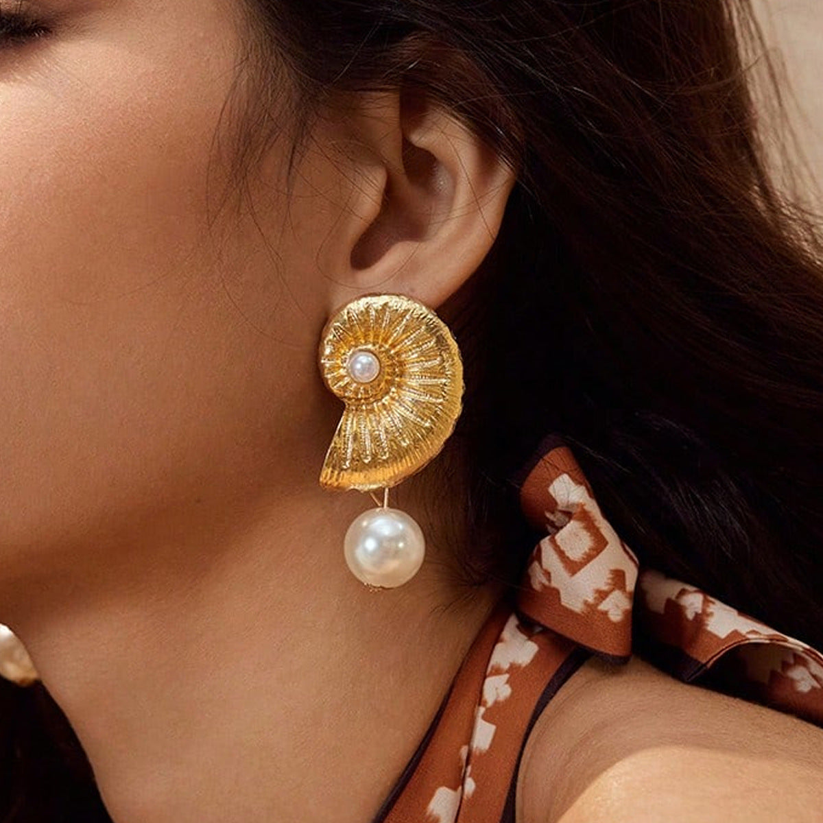 Conch Marine Style Earrings In Gold Alloy With Electroplated Finish, Unisex Design