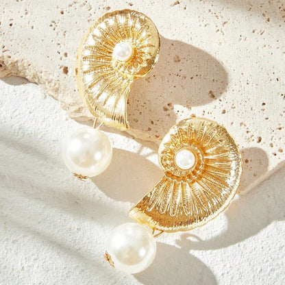 Conch Marine Style Earrings In Gold Alloy With Electroplated Finish, Unisex Design