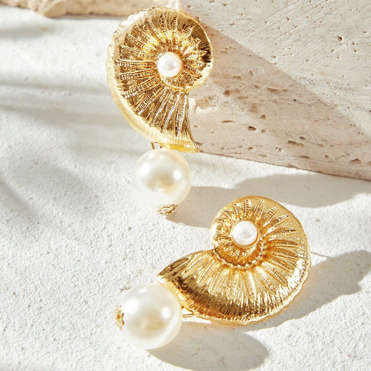 Conch Marine Style Earrings In Gold Alloy With Electroplated Finish, Unisex Design