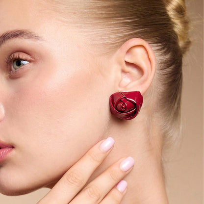 Retro Red Rose Earrings In Alloy With Electroplated Finish, Unisex Design