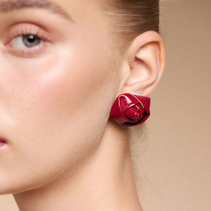 Retro Red Rose Earrings In Alloy With Electroplated Finish, Unisex Design