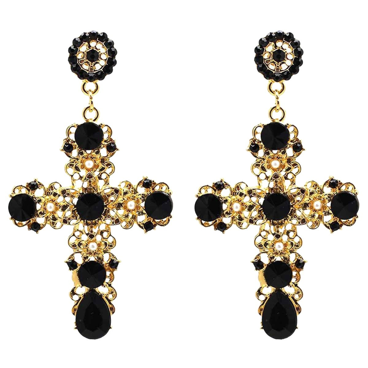 Retro Cross Stud Earrings For Unisex Featuring Dyed Black Zinc Alloy With Crystal Inlay