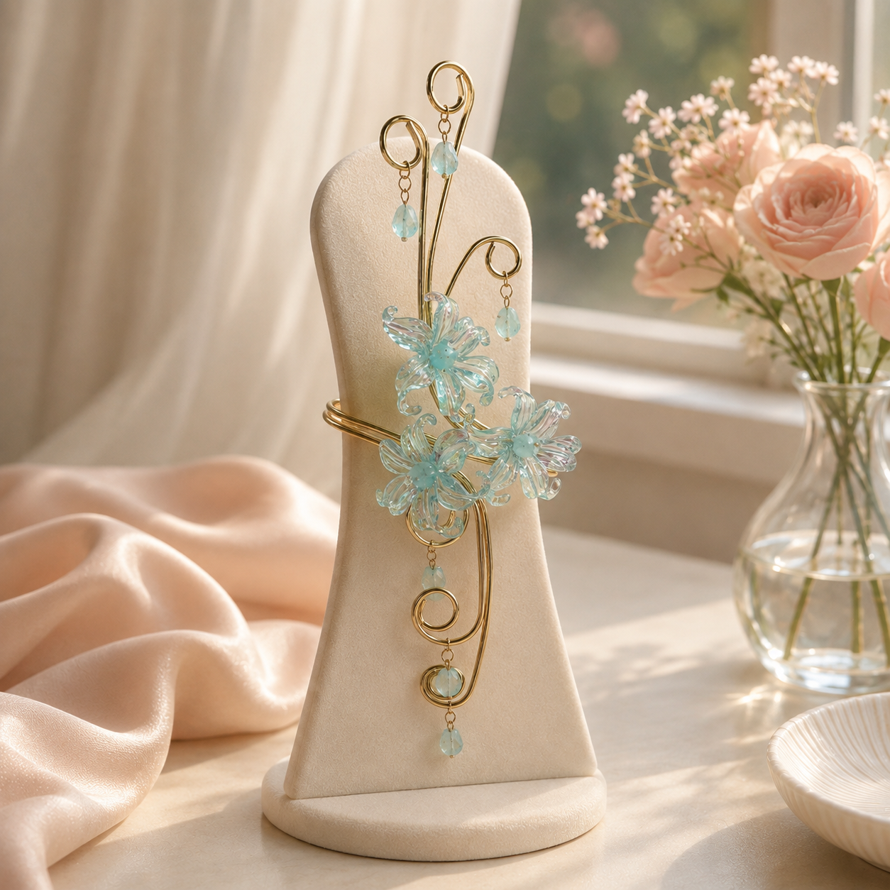 Handmade Bohemian Flowers Arm Bracelet For Women In Gold Iron With Acrylic Inlay