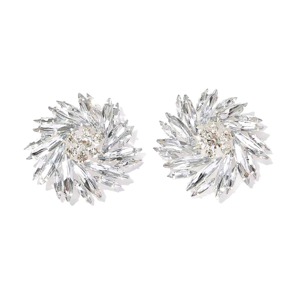 Exaggerated Geometric Silver Alloy Clip Earrings With Rhinestones, Unisex Design