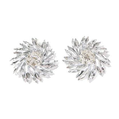 Exaggerated Geometric Silver Alloy Clip Earrings With Rhinestones, Unisex Design