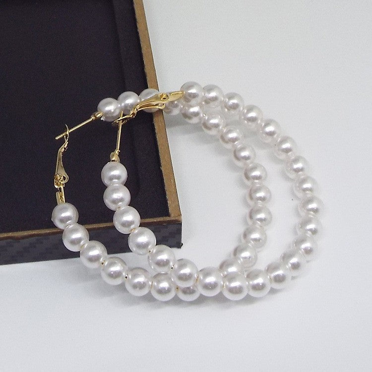 Exaggerated Circle Hoop Earrings In Alloy With Artificial Pearl Inlay, Electroplated Finish, Unisex Design