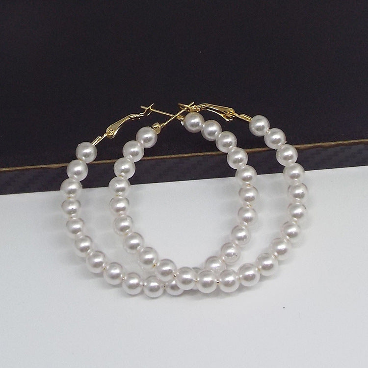 Exaggerated Circle Hoop Earrings In Alloy With Artificial Pearl Inlay, Electroplated Finish, Unisex Design