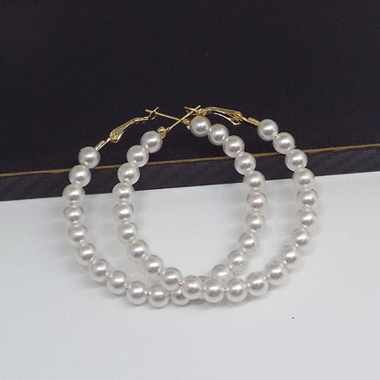 Exaggerated Circle Hoop Earrings In Alloy With Artificial Pearl Inlay, Electroplated Finish, Unisex Design