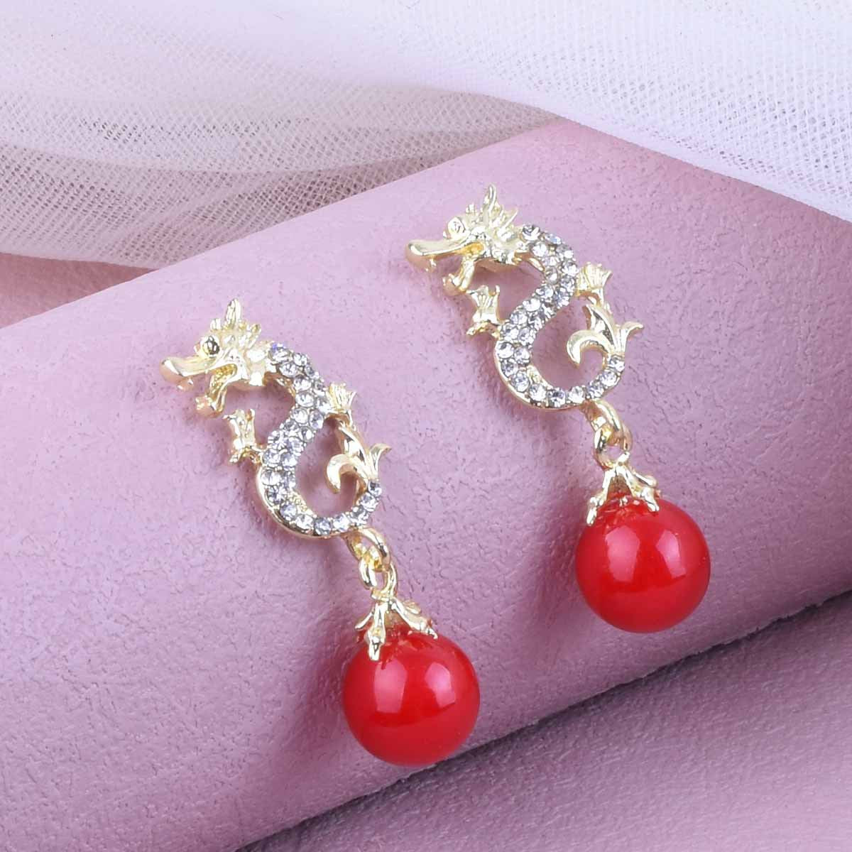 Gold Dragon Stud Earrings In Zinc Alloy With Rhinestones, Unisex Design