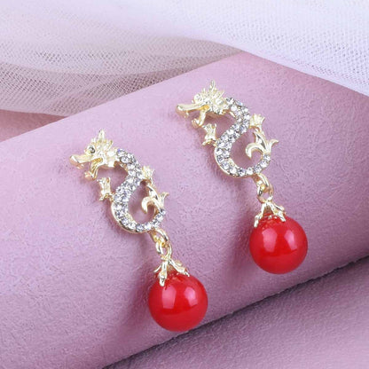 Gold Dragon Stud Earrings In Zinc Alloy With Rhinestones, Unisex Design