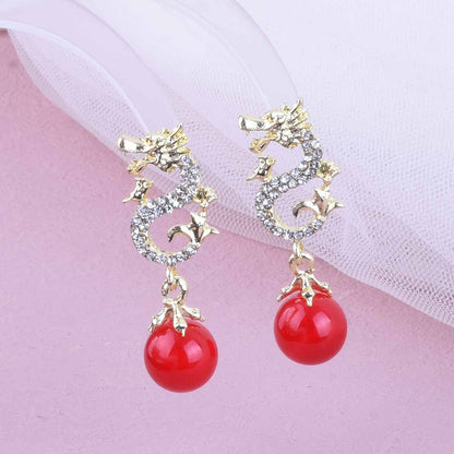 Gold Dragon Stud Earrings In Zinc Alloy With Rhinestones, Unisex Design