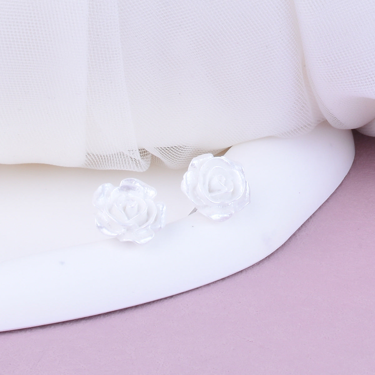 Rose Stud Earrings For Unisex Featuring Zinc Alloy Material In Sweet Style, Available In White