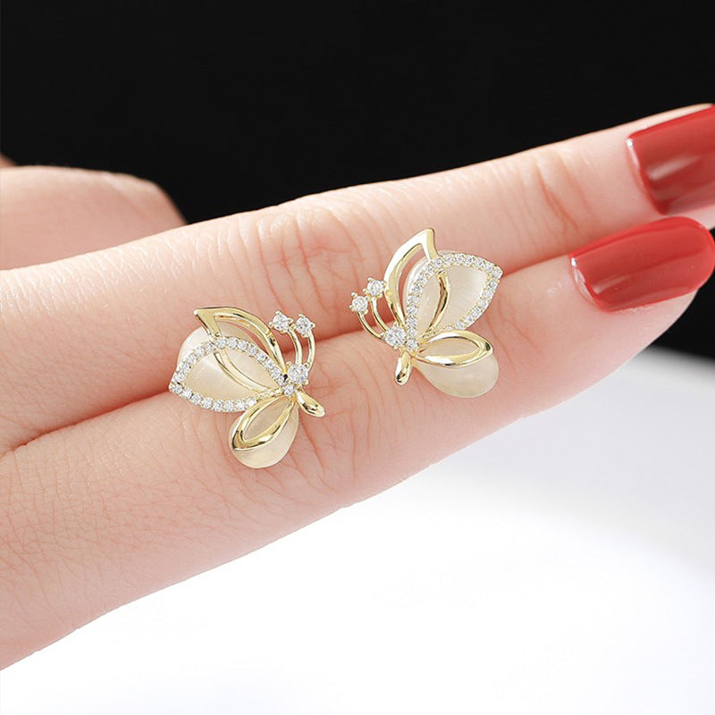 Pastoral Butterfly Stud Earrings In 14K Real Gold Plated Copper With Waterproof Non Tarnish Electroplated Finish And Zircon Inlay