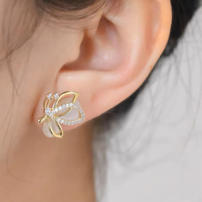 Pastoral Butterfly Stud Earrings In 14K Real Gold Plated Copper With Waterproof Non Tarnish Electroplated Finish And Zircon Inlay