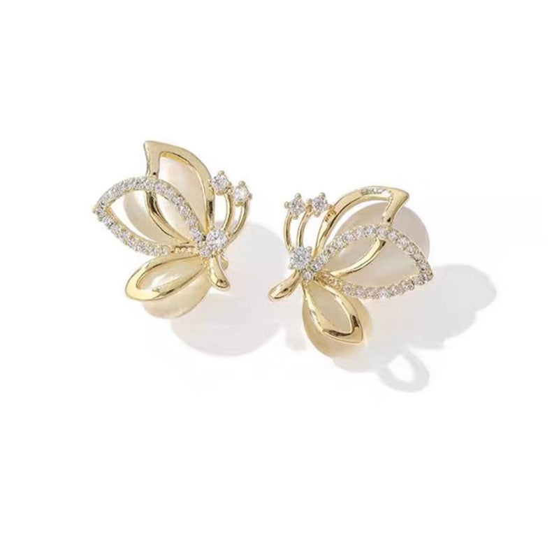 Pastoral Butterfly Stud Earrings In 14K Real Gold Plated Copper With Waterproof Non Tarnish Electroplated Finish And Zircon Inlay