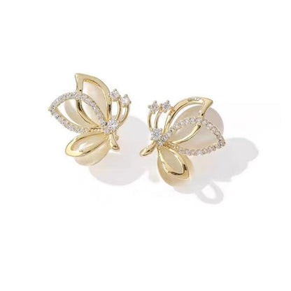 Pastoral Butterfly Stud Earrings In 14K Real Gold Plated Copper With Waterproof Non Tarnish Electroplated Finish And Zircon Inlay